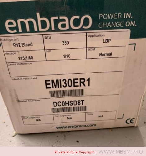 Mbsm.pro, Compressor, EMBRACO, EMI30ER1, R-12, 350 BTU, 115 v, 1/10 HP, Lbp, compressor PW3.5K7-PW3