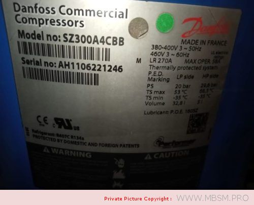 Mbsm.pro, Compressor, Danfoss, SZ300A4cbb, 25 hp, 72800 W, 248300 Btu/h, R407C, 400v/3/50hz 460v/3/60hz