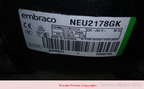 Mbsm.pro, Embraco, NEU2178GK, Compressor, R-404A, 220-240V 50Hz, 1 HP, 1 PH, LBN, Lra 21 A, Oil 350 cc