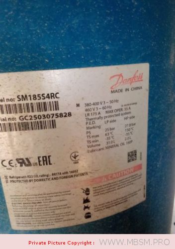 Mbsm.pro, Compressor, SM185, DANFOSS REFRIGERATION, Scroll compressor, SM185S4RC, Danfoss Scroll,188000 btu/h, R22, 15 hp, 3 ph / 400 v