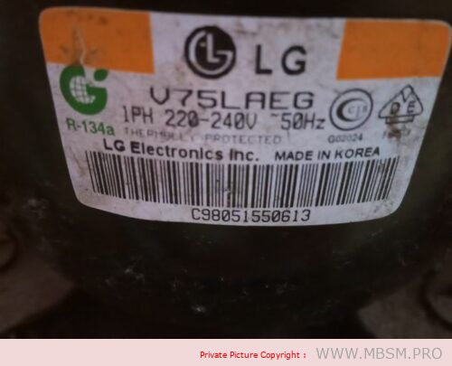 Compressor, LG, V75LAEG, V 75 Leag, 1/4 hp, 167 k/cal, 7.46 cc, 220v/50hz, Ptc, Rsir, compressor cooling, Lbp, r134a