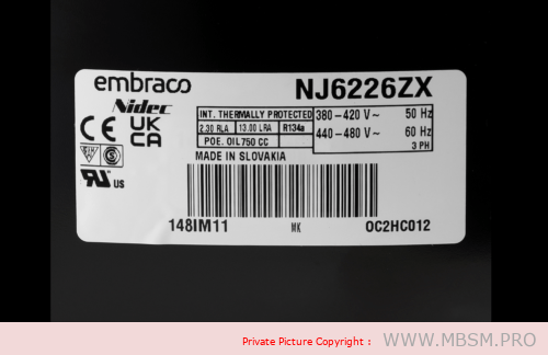 NJ6226ZX, ASPERA, EMBRACO, COMPRESSOR, 1HP, HBP – R134a, 380-420 V, 50/60